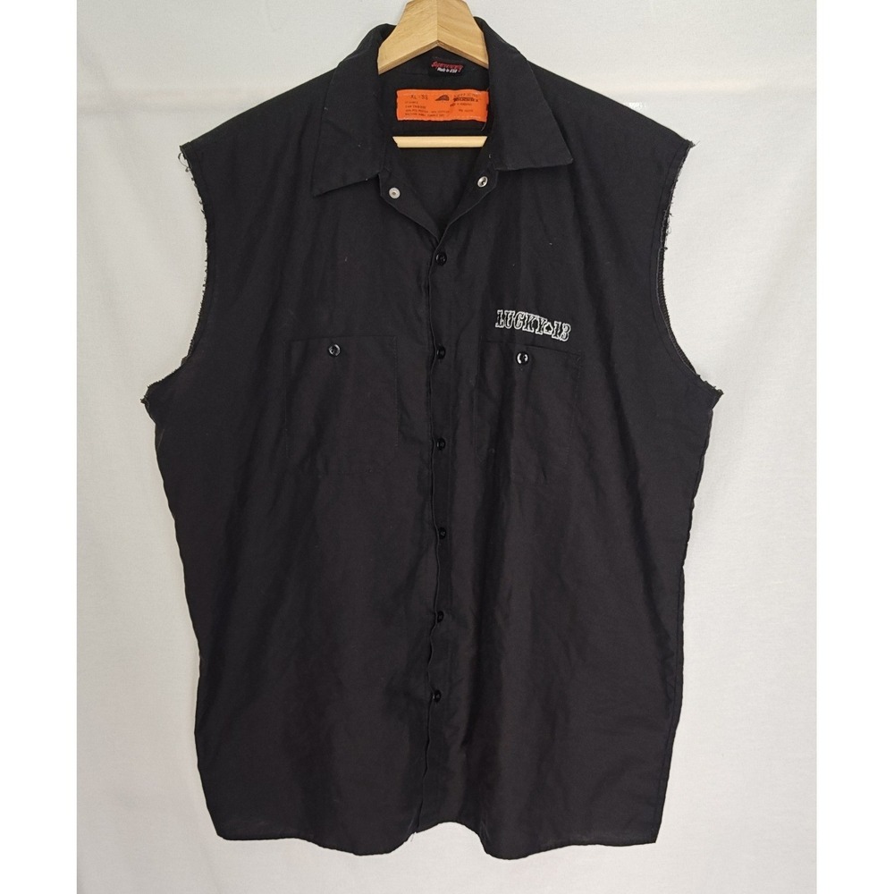 Lucky 13 Red Kap Work Shirt Black Sleeveless Distressed Graphic Dice XL